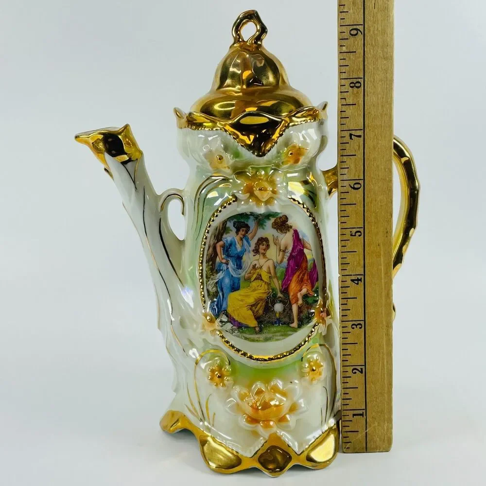 Antique Rococo German Ceramic Coffee Pot Three Graces Gold Gilt Porcelain 9.5”